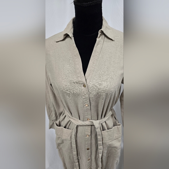Zara women S linen midi shirt dress tied earthy gold snap buttons tan trench - Picture 5 of 8